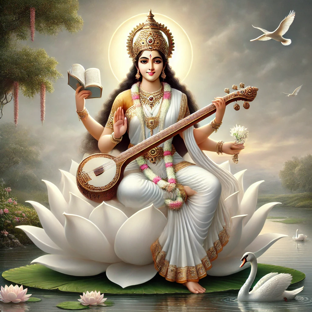 Saraswati Chalisa lyrics in Hindi with an image of Goddess Saraswati.